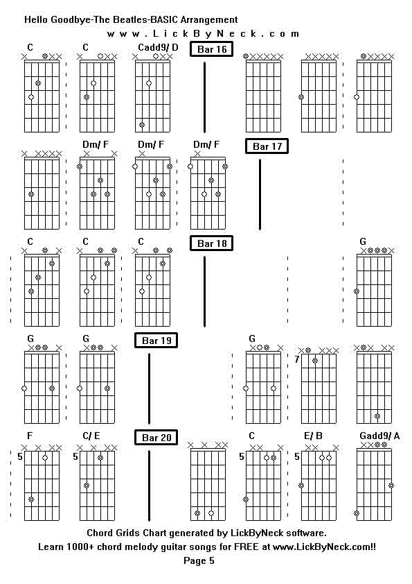 Chord Grids Chart of chord melody fingerstyle guitar song-Hello Goodbye-The Beatles-BASIC Arrangement,generated by LickByNeck software.